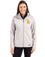 San Diego Padres Cutter & Buck Evoke Softshell Recycled Full Zip Womens Jacket CONCRETE Front