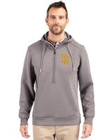 San Diego Padres Cutter & Buck Roam Epic Versatility Half Zip Recycled Mens Hooded Pullover Elemental Grey Front