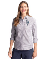 Kansas City Royals City Connect Cutter & Buck Stretch Oxford Stripe Womens Long Sleeve Dress Shirt Charcoal Front