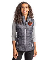 Baltimore Orioles Cooperstown Cutter & Buck Rainier PrimaLoft® Womens Eco Insulated Full Zip Printed Puffer Vest Black Front
