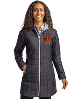 Baltimore Orioles Cooperstown Cutter & Buck Rainier Recycled Insulated Puffer Womens Full Zip Hooded Long Coat Black Front