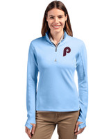 Philadelphia Phillies Cooperstown Cutter & Buck Traverse Stretch Eco Quarter Zip Womens Pullover Atlas Light Blue Front