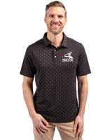 Chicago White Sox Cooperstown Cutter & Buck Virtue Recycled Tile Print Featherlight Pique Mens  Polo Black Front