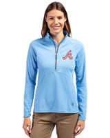 Atlanta Braves Cooperstown Cutter & Buck Adapt Eco Knit Stretch Recycled Womens Half Zip Pullover Atlas Light Blue Front