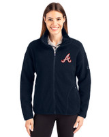 Atlanta Braves Cooperstown Cutter & Buck Cascade Epic Comfort Recycled Sherpa Fleece Womens Full Zip Jacket Navy Blue Front