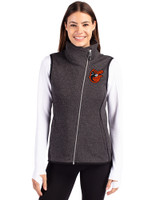 Baltimore Orioles Cooperstown Cutter & Buck Mainsail Sweater Knit Womens Asymmetrical Vest Charcoal Heather Front
