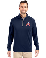 Atlanta Braves Cooperstown Cutter & Buck Adapt Eco Knit Stretch Recycled Mens Big and Tall Quarter Zip Pullover Navy Blue Front