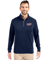Minnesota Twins Cooperstown Cutter & Buck Adapt Eco Knit Stretch Recycled Mens Big and Tall Quarter Zip Pullover Navy Blue Front