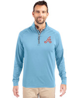 Atlanta Braves Cooperstown Cutter & Buck Adapt Eco Knit Stretch Recycled Mens Quarter Zip Pullover Atlas Light Blue Front