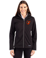 Baltimore Orioles Cooperstown Cutter & Buck Evoke Softshell Recycled Full Zip Womens Jacket Black Front