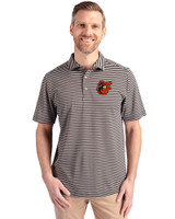 Baltimore Orioles Cooperstown Cutter & Buck Virtue Eco Pique Stripe Recycled Mens Big and Tall Polo Black Front