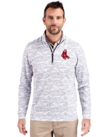 Boston Red Sox Cooperstown Cutter & Buck Traverse Stretch Eco Camo Print Quarter Zip Mens Big and Tall Pullover Charcoal Front