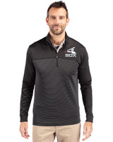 Chicago White Sox Cooperstown Cutter & Buck Traverse Stretch Eco Stripe Quarter Zip Mens Big and Tall Pullover Black Front