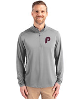 Philadelphia Phillies Cooperstown Cutter & Buck Virtue Eco Pique Recycled Quarter Zip Mens Big & Tall Pullover Polished Medium Gray Front
