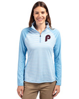 Philadelphia Phillies Cooperstown Cutter & Buck Forge Tonal Stripe Stretch Half Zip Womens Top Atlas Light Blue Front