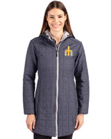 Seattle Mariners Cooperstown Cutter & Buck Rainier PrimaLoft®  Womens Eco Insulated Hooded Long Coat Anthracite Melange Front