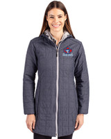 Toronto Blue Jays Cooperstown Cutter & Buck Rainier PrimaLoft®  Womens Eco Insulated Hooded Long Coat Anthracite Melange Front