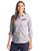 Detroit Tigers Cooperstown Cutter & Buck Stretch Oxford Stripe Womens Long Sleeve Dress Shirt Charcoal Front