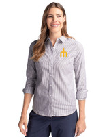 Seattle Mariners Cooperstown Cutter & Buck Easy Care Stretch Oxford Stripe Womens Long Sleeve Button Down Shirt Charcoal Front