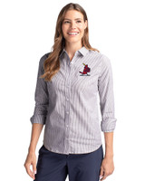 St. Louis Cardinals Cooperstown Cutter & Buck Stretch Oxford Stripe Womens Long Sleeve Dress Shirt Charcoal Front