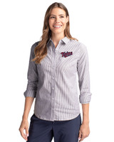 Minnesota Twins Cooperstown Cutter & Buck Stretch Oxford Stripe Womens Long Sleeve Dress Shirt Charcoal Front