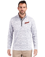 Detroit Tigers Cooperstown Cutter & Buck Traverse Stretch Eco Camo Print Quarter Zip Mens Pullover Charcoal Front
