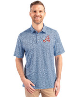 Atlanta Braves Cooperstown Cutter & Buck Pike Magnolia Print Stretch Mens Polo Atlas/Navy Blue Front