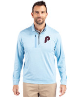 Philadelphia Phillies Cooperstown Cutter & Buck Stealth Heathered Quarter Zip Mens Pullover Atlas Light Blue Front