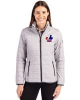 Montreal Expos Cooperstown Cutter & Buck Rainier PrimaLoft®  Womens Eco Insulated Full Zip Puffer Jacket Polished Medium Gray Front