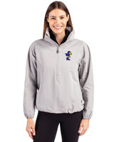 Kansas Jayhawks College Vault Cutter & Buck Charter Recycled Packable Womens Half Zip Anorak Jacket Polished Medium Gray Front