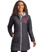Nebraska Cornhuskers Cutter & Buck Rainier PrimaLoft®  Womens Eco Insulated Hooded Long Coat Black Front