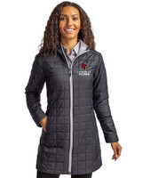 Louisville Cardinals Alumni Cutter & Buck Rainier PrimaLoft®  Womens Eco Insulated Hooded Long Coat Black Front