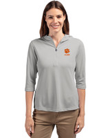 Clemson Tigers Alumni Cutter & Buck Virtue Eco Pique Recycled Half Zip Pullover Womens Hoodie Polished Medium Gray Front