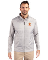 Clemson Tigers Alumni Cutter & Buck Stealth Hybrid Quilted Mens Full Zip Windbreaker Jacket Polished Medium Gray Front