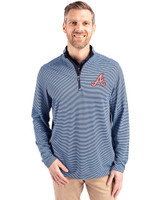 Atlanta Braves Cooperstown Cutter & Buck Virtue Eco Pique Micro Stripe Recycled Mens Quarter Zip Atlas/Navy Blue Front