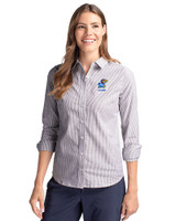 Kansas Jayhawks Alumni Cutter & Buck Stretch Oxford Stripe Womens Long Sleeve Dress Shirt Charcoal Front