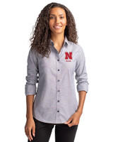 Nebraska Cornhuskers Alumni Cutter & Buck Stretch Oxford Womens Long Sleeve Dress Shirt Charcoal Front