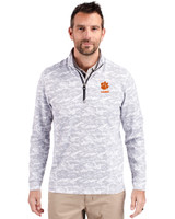 Clemson Tigers Alumni Cutter & Buck Traverse Stretch Eco Camo Print Quarter Zip Mens Big and Tall Pullover Charcoal Front