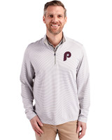 Philadelphia Phillies Cooperstown Cutter & Buck Virtue Eco Pique Micro Stripe Recycled Mens Big & Tall Quarter Zip Polished/White Front