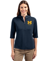 Michigan Wolverines Alumni Cutter & Buck Virtue Recycled Featherlight Pique Womens Half Zip Hooded Pullover Navy Blue Front