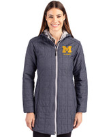 Michigan Wolverines Alumni Cutter & Buck Rainier PrimaLoft®  Womens Eco Insulated Hooded Long Coat Anthracite Melange Front