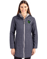 Hillsboro Hops Cutter & Buck Rainier PrimaLoft®  Womens Eco Insulated Hooded Long Coat Anthracite Melange Front