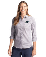Carolina Panthers Cutter & Buck Stretch Oxford Stripe Womens Long Sleeve Dress Shirt Charcoal Front