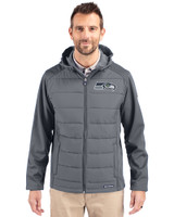 Seattle Seahawks Cutter & Buck Evoke Hybrid Eco Softshell Recycled Full Zip Mens Big & Tall Hooded Jacket Elemental Grey Front
