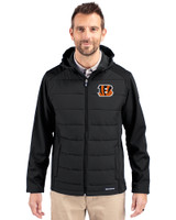 Cincinnati Bengals Cutter & Buck Evoke Hybrid Eco Softshell Recycled Full Zip Mens Big & Tall Hooded Jacket Black Front