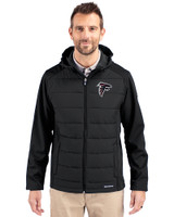 Atlanta Falcons Cutter & Buck Evoke Hybrid Eco Softshell Recycled Full Zip Mens Big & Tall Hooded Jacket Black Front