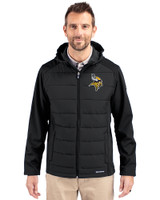 Minnesota Vikings Cutter & Buck Evoke Hybrid Eco Softshell Recycled Full Zip Mens Big & Tall Hooded Jacket Black Front