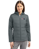 New England Patriots Cutter & Buck Evoke Hybrid Softshell Recycled Full Zip Womens Hooded Jacket Elemental Grey Front