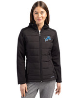 Detroit Lions Cutter & Buck Evoke Hybrid Softshell Recycled Full Zip Womens Hooded Jacket Black Front