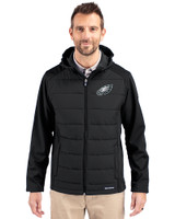 Philadelphia Eagles Cutter & Buck Evoke Hybrid Softshell Recycled Full Zip Mens Hooded Jacket Black Front
